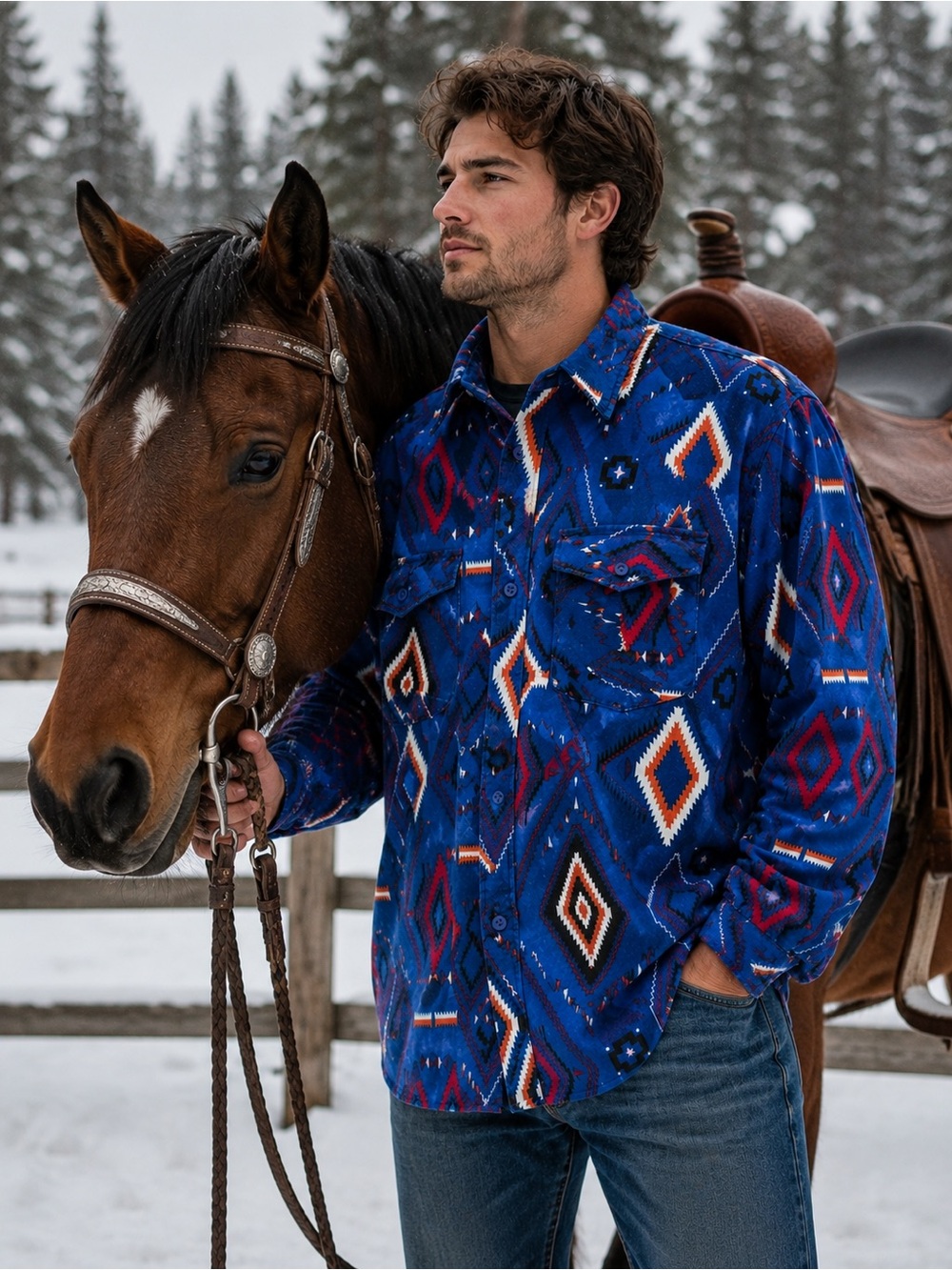 Vintage Youngbloods Authentic Western XL Blue Aztec Button Down Cowboy Shirt